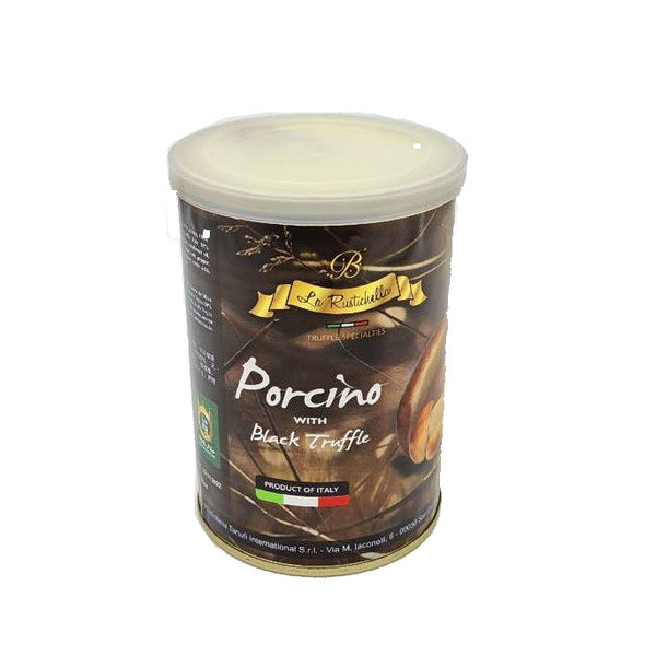 porcino mushroom with black truffle in a can