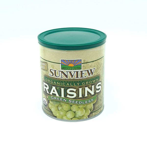 plump green organic raisins in a can
