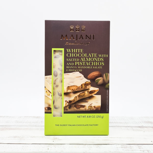 Imported white chocolate with almonds and pistachios